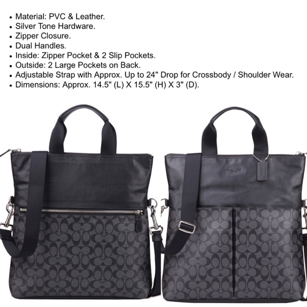 Mens Coach Charles Foldover Tote Black Leather Messenger Tote New - Picture 3 of 10